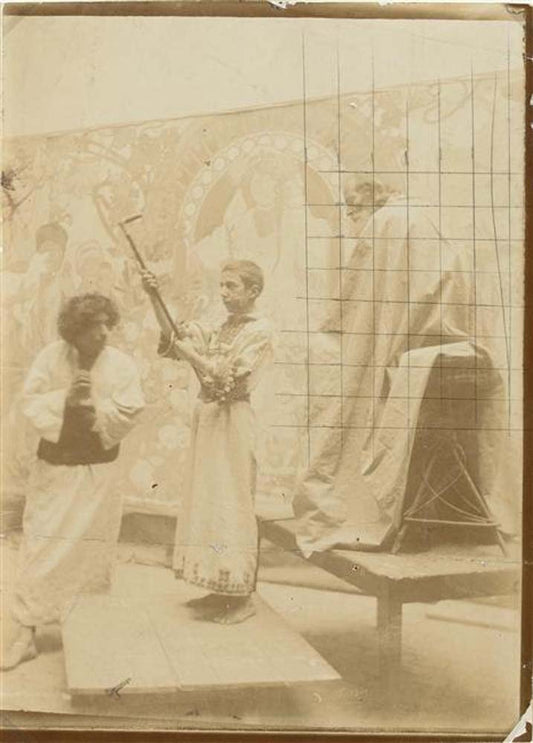 Alfons Mucha Models in front of the main decorative panel of Bosnia and Herzegovina Pavilion for the Paris Exposition,1900 vintage artwork by Alphonse Mucha, 16x12" (A3 size) poster print