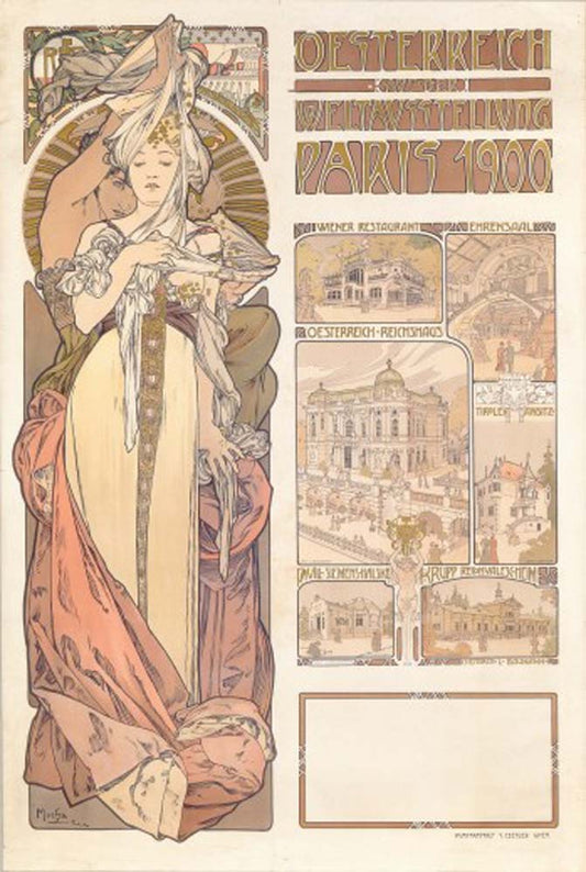 Alphonse Mucha, Austrian Pavilion, Paris, 1900 vintage artwork by Alphonse Mucha, 16x12" (A3 size) poster print