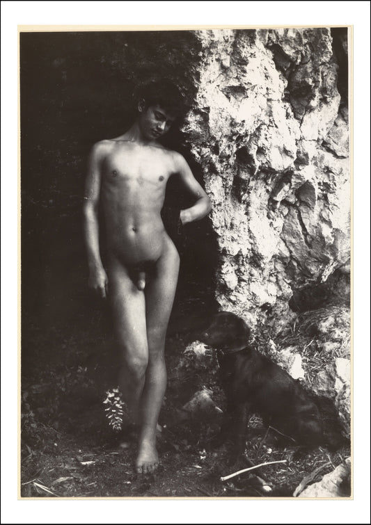 Boy Posed at Large Rock by Wilhelm von Gloeden, histoic photo, 16x12" (A3) Poster Print