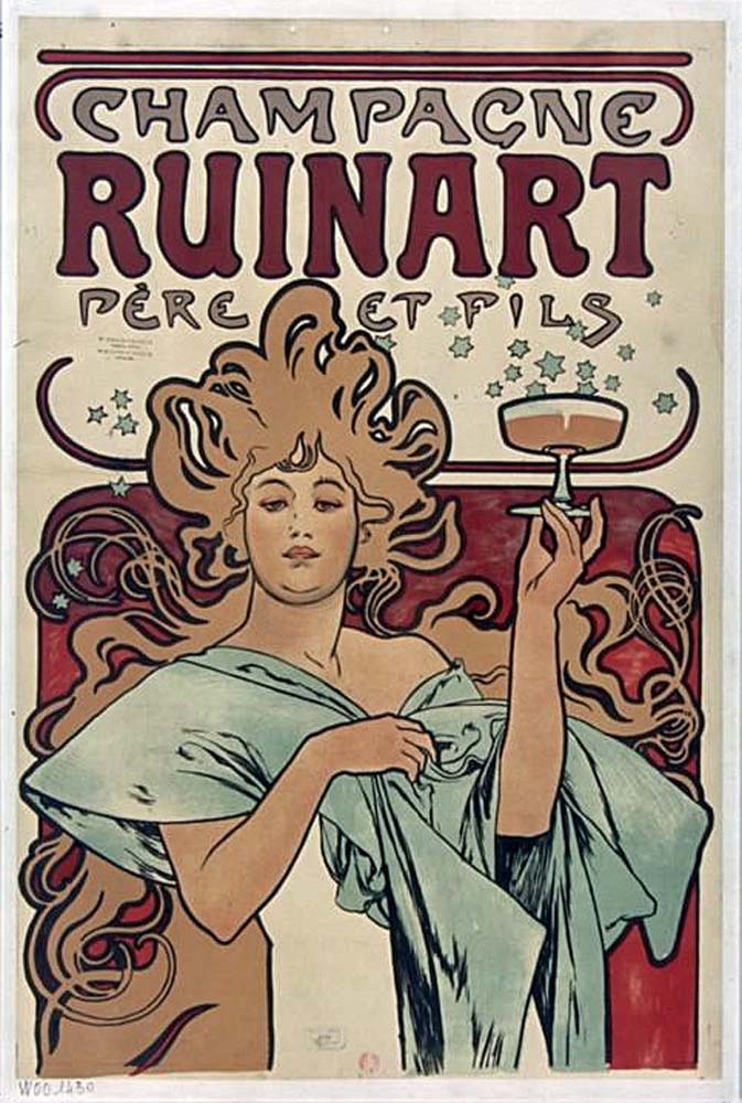 Champagne Ruinart-Mucha vintage artwork by Alphonse Mucha, 12x8" (A4 size) poster print