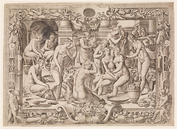 Women Bathing 1535–55-Jean Mignon, after Luca Penni,  Poster Print Wall Art