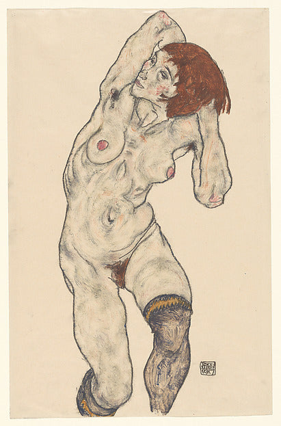 Egon Schiele:Standing Nude in Black Stockings 1917-16x12