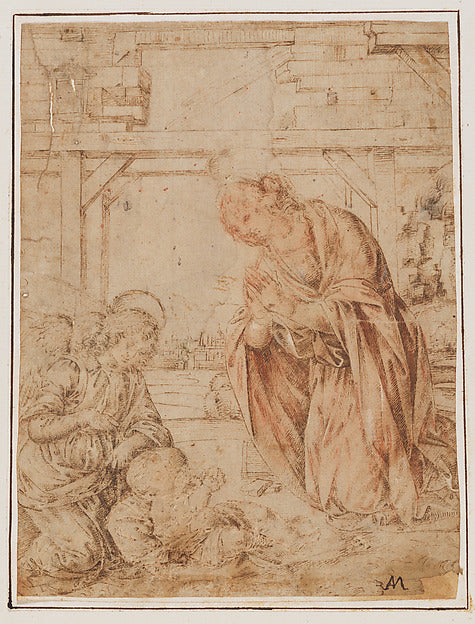 School of Lorenzo di Credi:The Madonna Adoring the Child wit-16x12"(A3) Poster