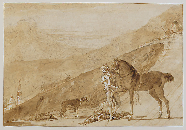 Giovanni Domenico Tiepolo:Landscape with a Horse Held by a P-16x12"(A3) Poster