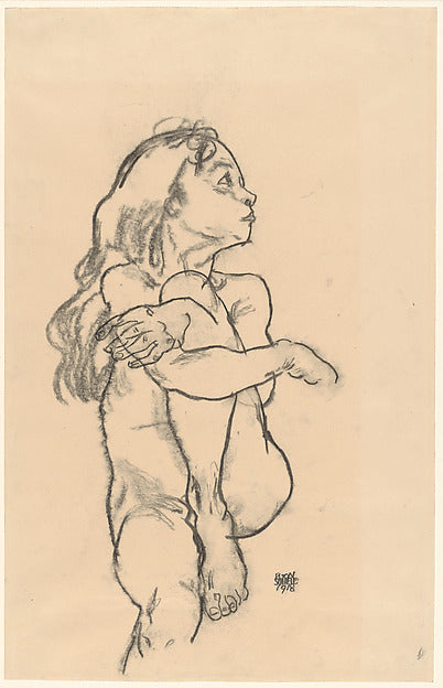 Egon Schiele:Seated Nude Girl Clasping Her Left Knee 1918-16x12
