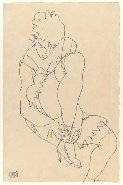 Egon Schiele:Woman Buttoning Her Shoes 1915-16x12