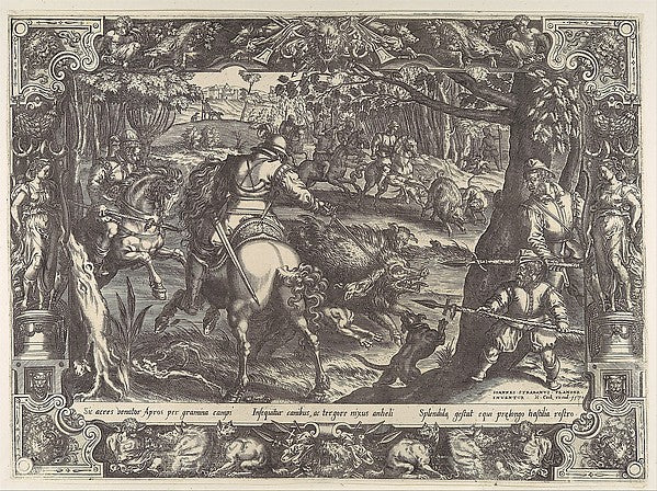 Wild Boar Hunt with Spears  from Hunting Scenes in Ornamental,  Poster Print Wall Art