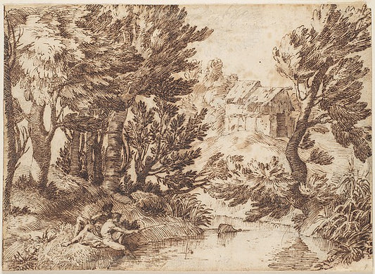 Landscape with Figure Reclining and Figure Fishing 17th cent-A,16x12"(A3) Poster