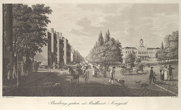 Broadway and City Hall in New York  1824-After Axel Klinckowst,  Poster Print Wall Art
