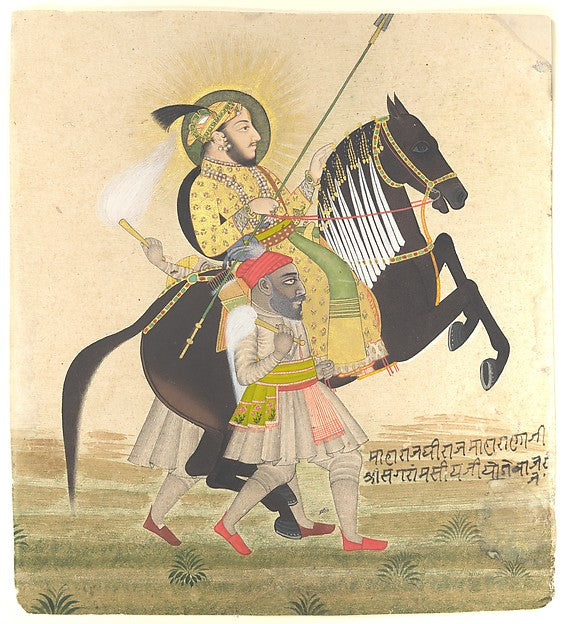Maharana Sangram Singh Riding a Prize Stallion c1712-Stipple M,16x12"(A3)Poster