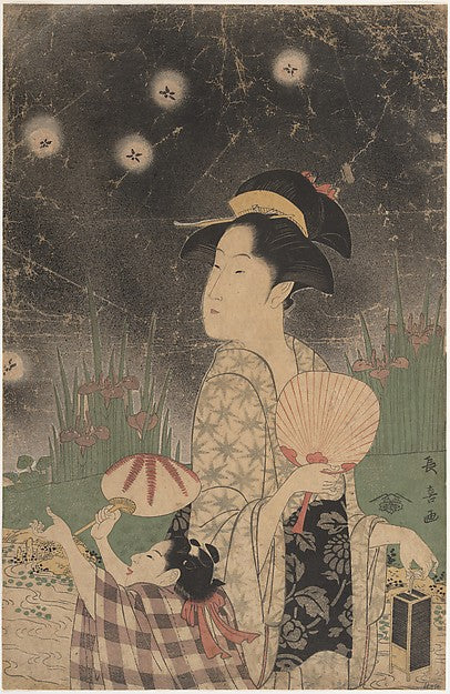 Woman and Child Catching Fireflies c1793-Eishsai Chki,Classic Ming China Image,16x12"(A3) Poster