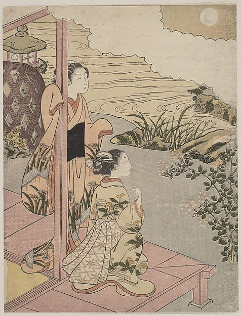 Two Girls on a Veranda beside a Stream with the Moon-Suzuki Ha,  Poster Print
