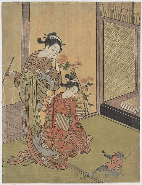 Two Girls Looking at a Monkey on a Leash-Suzuki Harunobu,  Poster Print