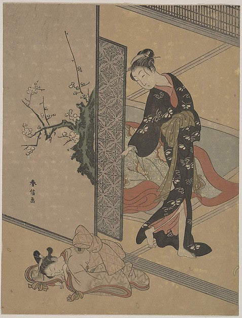 Young Lady Looking through Door at Her Kamuro who is Asleep o,  Poster Print