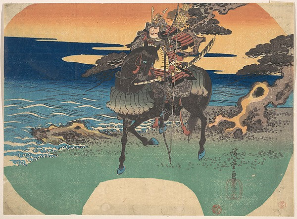 Warrior Riding Black Horse along the Sea Shore c1835-Utagawa H,16x12"(A3) Poster