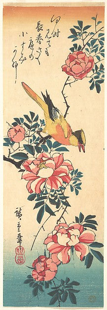 Eastern Grey Wagtail and Rose early 1830s-Utagawa Hiroshige  1,  Poster Print Wall Art