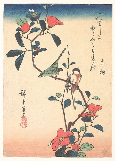 ,Japanese White-eye and Titmouse on a Camellia Branch,16x12"(A3) Poster