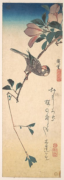 Purple Magnolia and Hornbill c1830-Utagawa Hiroshige  1797–185,  Poster Print Wall Art