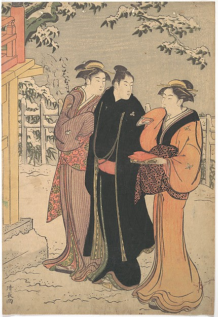 Man in a Black Haori and Two Women Approaching a Temple-Torii,  Poster Print