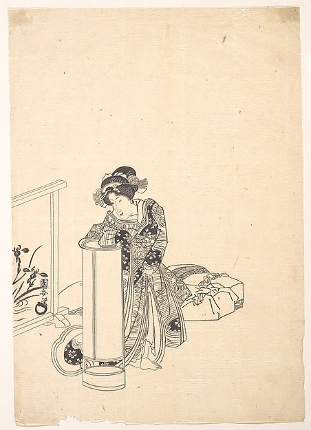 Young Woman Leaning over a Tall Lamp-Utagawa Kuniyasu,16x12"(A3) Poster