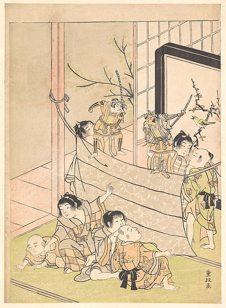 Young Boys Performing a Puppet Show c1770-Kitao Shigemasa,Classic Ming China Image,  Poster Print Wall Art
