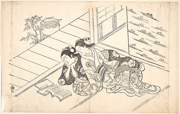 Two Women Reclining on the Floor of a Room and Reading a Book,  Poster Print