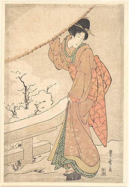 A Young Woman in a Snow Storm Carrying a Heavily Snow-Laden Um,  Poster Print
