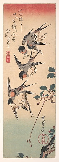 ,Five Swallows above a Branch c1835-Utagawa Hiroshige 17,16x12"(A3) Poster