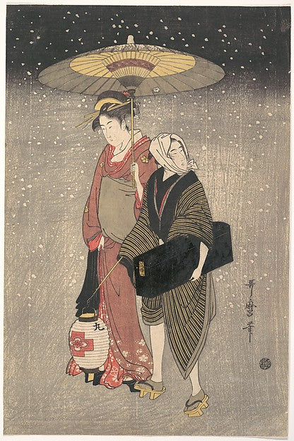 Geisha Walking through the Snow at Night c1797-Kitagawa Utamar,  Poster Print