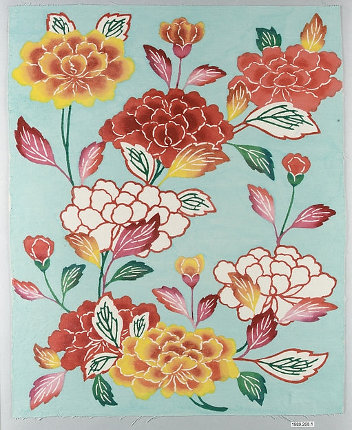 Bingata Panel with Tree Peonies 20th cent,Classic Ming China Image,  Poster Print Wall Art