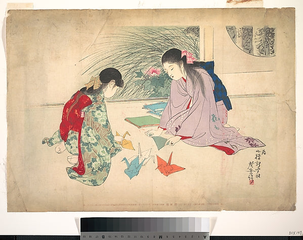 Young Girls Making Paper Cranes 1906-Terazaki,Classic Ming China Image,  Poster Print