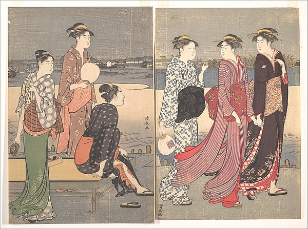 Okawabata yu-suzumi,Enjoying the Evening Cool on the Banks of,Classic Ming China Image,  Poster Print