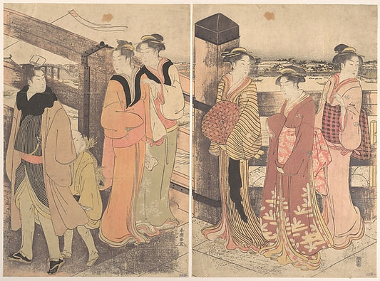 A Group of Women One Man and a Boy on a Bridge-Katsukawa Shun,16x12"(A3) Poster