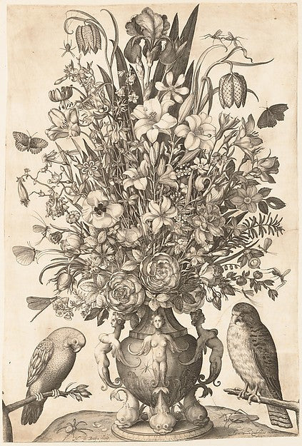 Vase of Flowers with Two Birds 1590–1656-Engraved by Nicolaes,  Poster Print Wall Art