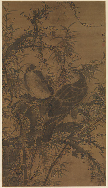 ,Two hawks in a thicket mid- 15th cent-Lin Liang ,Japan ukiyo-e Period Image,16x12"(A3) Poster