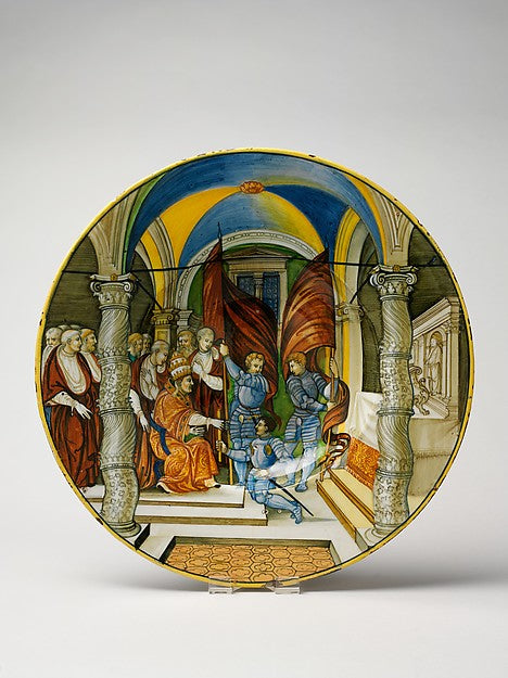 Nicola da Urbino:Large Dish: Pope Leo X presenting a baton t-16x12"(A3) Poster