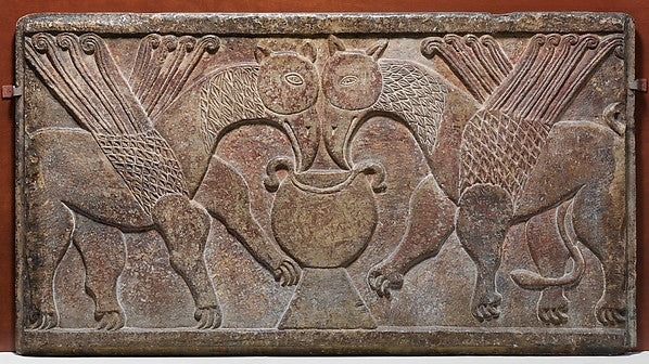 :Relief Panel with Two Griffins Drinking from a Cup late 9th-16x12