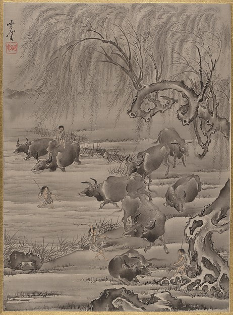 Buffalo and Herdsman c1887-Kawanabe Kysai ,Japan ukiyo-e Period Image,  Poster Print Wall Art