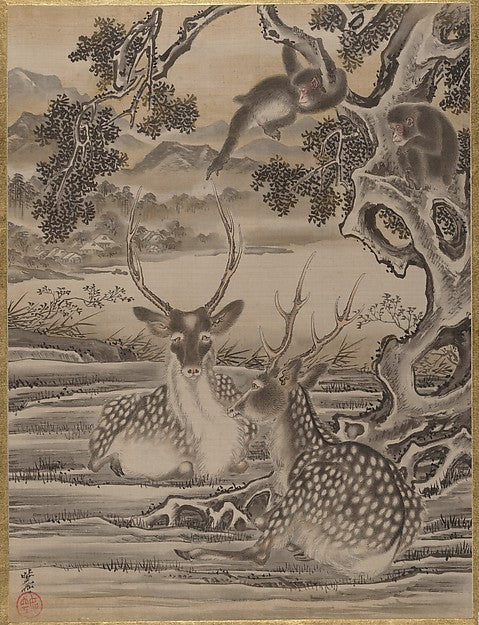 Deer and Monkeys c1887-Kawanabe Ky?sai,  Poster Print