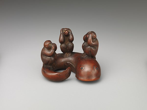 Netsuke of Three Monkeys on the Back of a Fish 19th cent,  Poster Print Wall Art
