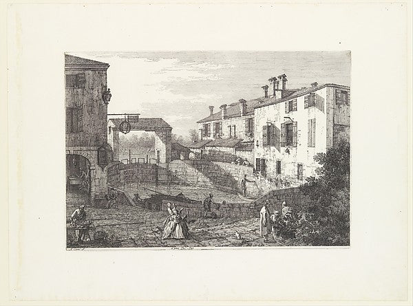 The Locks at Dolo  an oval-shaped basin with boats at center ,  Poster Print Wall Art