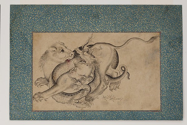 Painting by Muhammad Baqir:Lion and Dragon in Combat second -16x12"(A3) Poster