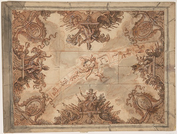 Ceiling Decoration with the Four Continents and the Signs of t,  Poster Print Wall Art