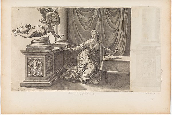 The Annunciation with Flying Angel 1548-Engraved by Enea Vico,,  Poster Print Wall Art