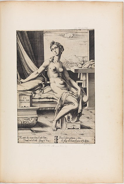 Lucretia Preparing to Kill Herself c1542–43-Engraved by Enea V,  Poster Print Wall Art