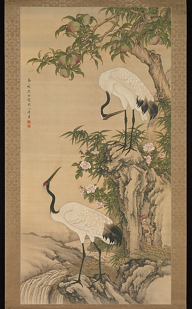 ,Cranes, Peach Tree, and Chinese Roses earl,16x12