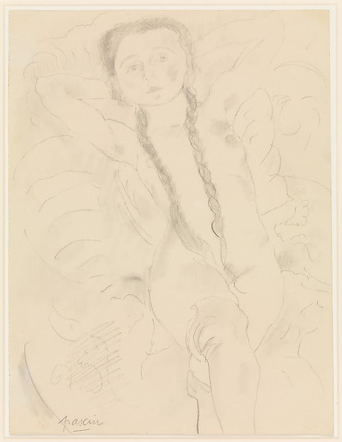 Jules Pascin , Vidin 1885–1930 Paris):Nude Girl with Braids -16x12