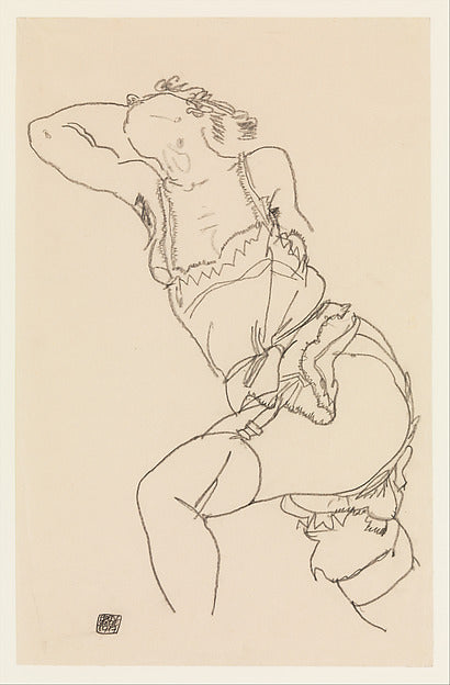 Egon Schiele:Reclining Model in Chemise and Stockings 1917-16x12