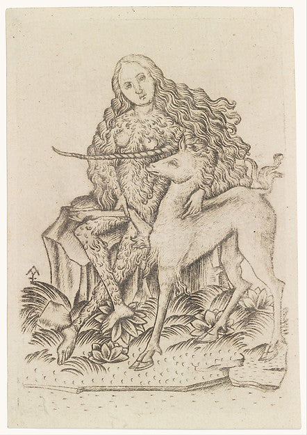 Playing Card  with Wild Woman and Unicorn 15th cent-Master ES,  Poster Print Wall Art