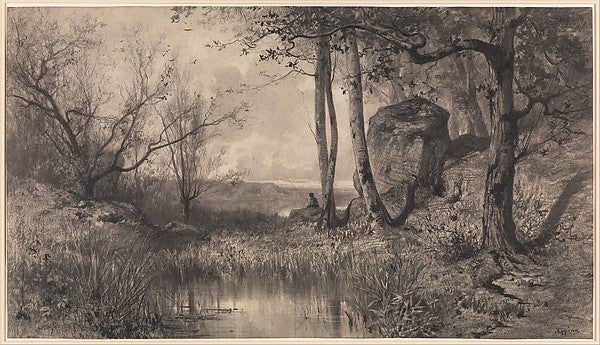 A Pond with a Fisherman along the River Ain 1868–70-Adolphe Ap,16x12"(A3) Poster
